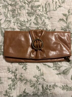 HOBO Tan Leather Fold-Over Clutch with Decorative Ring
